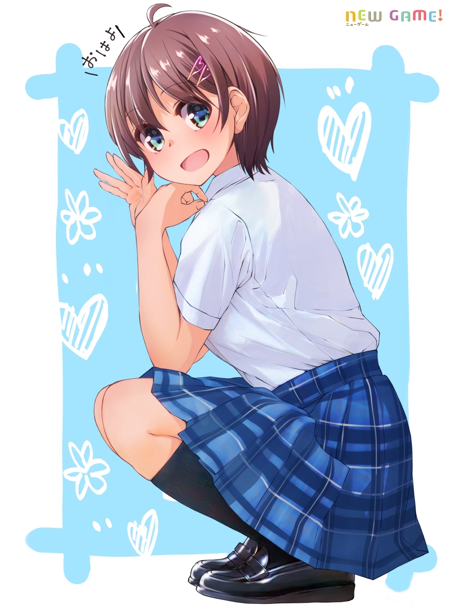 1girl black_socks blush brown_hair chuutaro_metal green_eyes hair_ornament hairclip looking_at_viewer new_game! open_mouth school_uniform shinoda_hajime shirt short_hair skirt smile socks solo white_shirt