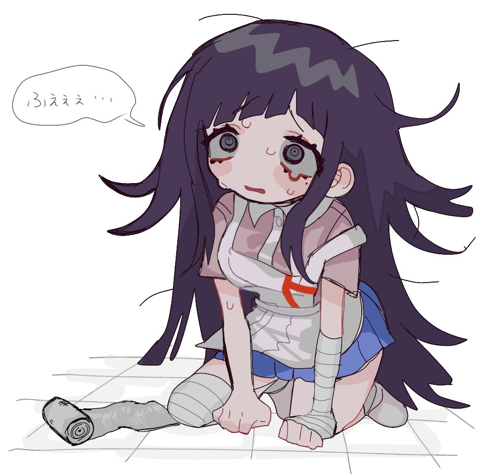 1girl apron bandaged_arm bandaged_leg bandages blue_skirt chibi collared_shirt commentary_request danganronpa_(series) danganronpa_2:_goodbye_despair kobanzame_omo long_hair messy_hair mole mole_under_eye on_floor pink_shirt pleated_skirt purple_eyes purple_hair shirt simple_background skirt solo speech_bubble sweat tile_floor tiles translation_request tsumiki_mikan white_apron