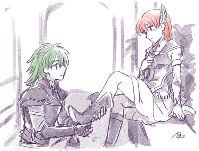 1boy 1girl adjusting_footwear armor batoson54 boots breasts closed_mouth commentary_request elbow_gloves fire_emblem fire_emblem:_the_blazing_blade gloves green_eyes green_hair hair_ornament heath_(fire_emblem) leg_up looking_at_another medium_hair nintendo partially_colored priscilla_(fire_emblem) red_hair short_hair signature sitting skirt small_breasts wing_hair_ornament