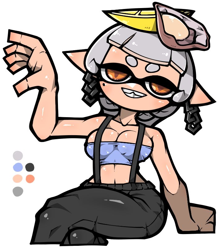 1girl bare_arms bare_shoulders black_pants blue_tube_top breasts brown_pupils cleavage collarbone color_guide cross-shaped_pupils crossed_legs earrings food food_on_head fruit grey_hair grin hand_up inkling jewelry lemon lemon_slice long_hair looking_at_viewer marie_(splatoon) marie_(summer_nights)_(splatoon) medium_breasts midriff mole mole_under_eye name_omoitukan2 navel nintendo object_on_head official_alternate_costume orange_eyes oyster pants pointy_ears shiny_skin simple_background sitting smile solo splatoon_(series) splatoon_3 strapless suspenders symbol-shaped_pupils teeth tentacle_hair thick_lineart tube_top white_background