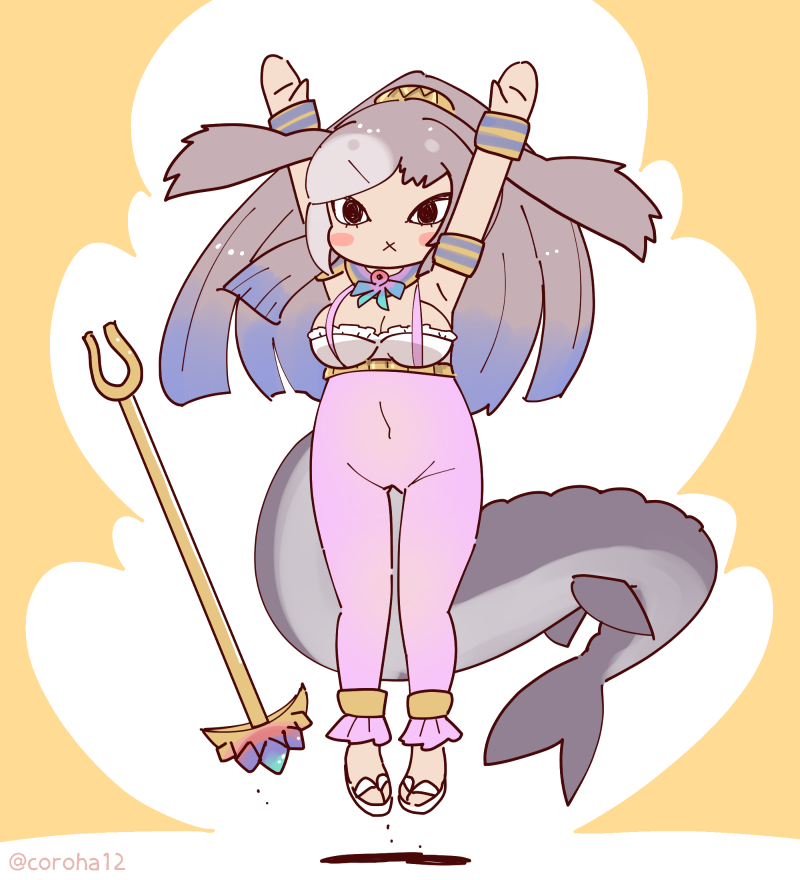 1girl armpits arms_up basilosaurus_isis_(kemono_friends) bow bowtie coroha fins full_body grey_hair head_fins jumping kemono_friends kemono_friends_3 long_hair looking_at_viewer orange_background pants sandals shirt simple_background sleeveless sleeveless_shirt solo tail weapon whale_girl wristband