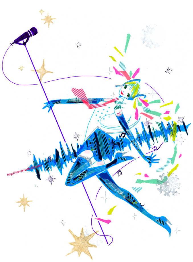 1girl :d \m/ abstract beamed_eighth_notes black_eyes blonde_hair blue_boots blue_gloves blue_skirt boots cable collared_shirt commentary_request dynamic_pose elbow_gloves from_side garter_straps gloves green_hair hair_ornament hatsune_miku heart high_heel_boots high_heels holding holding_microphone_stand knee_up long_hair looking_at_viewer masking_tape_(medium) microphone microphone_stand mixed_media multicolored_hair musical_note necktie open_hand open_mouth pink_hair pole_dancing red_hair red_necktie ryono shirt shoulder_tattoo skirt sleeveless sleeveless_shirt smile solo sound_wave sparkle star_(symbol) tattoo thigh_boots traditional_media twintails unconventional_media very_long_hair vocaloid watermark web_address white_background white_shirt