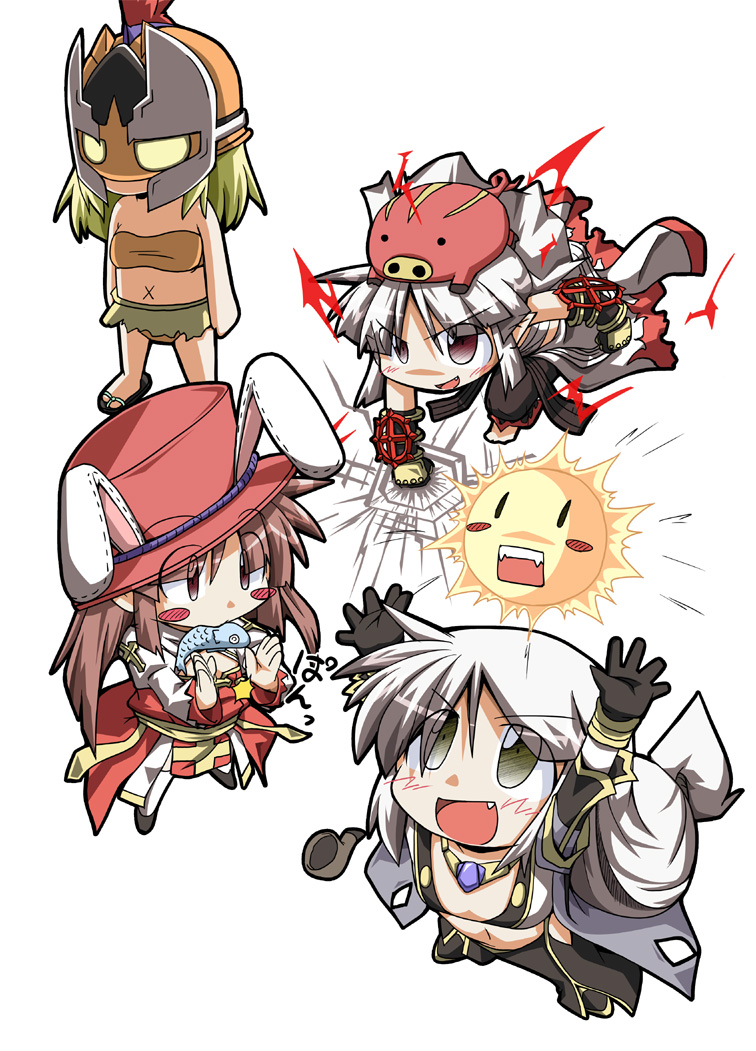 4girls animal_ears arch_bishop_(ragnarok_online) arms_up barefoot bikini black_gloves black_pants blonde_hair breasts chain chest_sarashi chibi chibi_only cleavage_cutout clothing_cutout coat comiket_79 commentary_request crop_top cross dress fake_animal_ears fish_in_mouth flat_chest from_above full_body gauntlets gloves grey_coat hat juliet_sleeves long_hair long_sleeves mask masked medium_hair multiple_girls nitoro_(nasenaru) open_clothes open_coat open_mouth orange_bikini pants piglet pointy_ears puffy_sleeves punching rabbit_ears ragnarok_online red_hat sarashi sash simple_background small_breasts smile standing sun sura_(ragnarok_online) swimsuit thighhighs top_hat two-tone_dress warlock_(ragnarok_online) white_background white_dress white_hair white_thighhighs x_navel yellow_sash