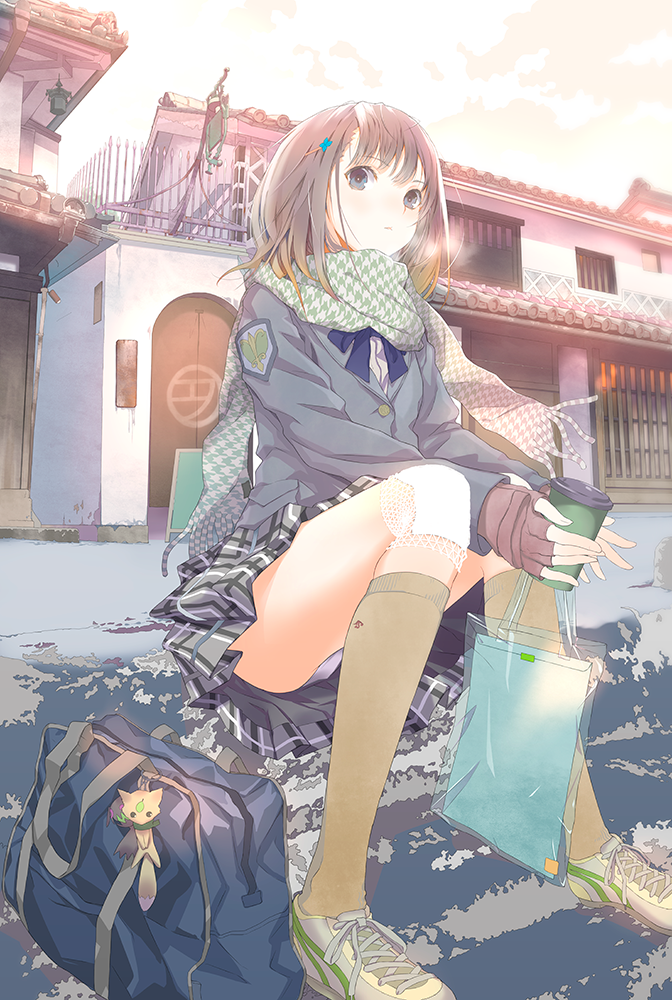 1girl bag blue_eyes breath brown_hair brown_socks cup female_focus fingerless_gloves fuyuno_haruaki gauze gloves holding holding_bag house kneehighs legs original panties pantyshot plaid_clothes plaid_skirt plastic_bag scarf school_bag school_uniform shoes sitting skirt sneakers socks solo thighs underwear white_panties