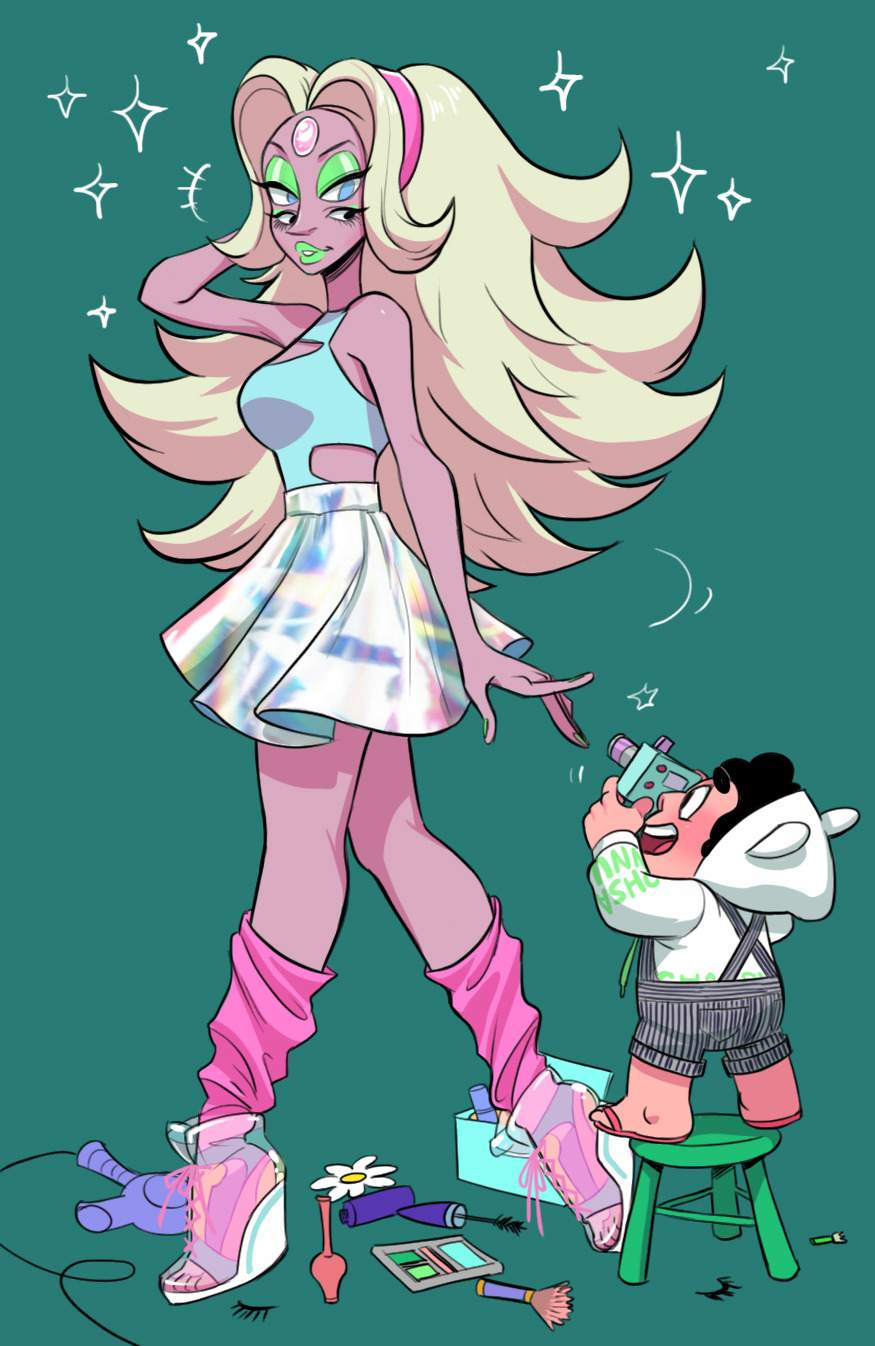 1boy 1girl black_eyes blonde_hair blue_eyes camera extra_eyes eyeshadow green_eyeshadow high-waist_skirt high_heels highres junkmix_(c2ndy2c1d) leg_warmers looking_at_another makeup rainbow_quartz skirt steven_quartz_universe steven_universe