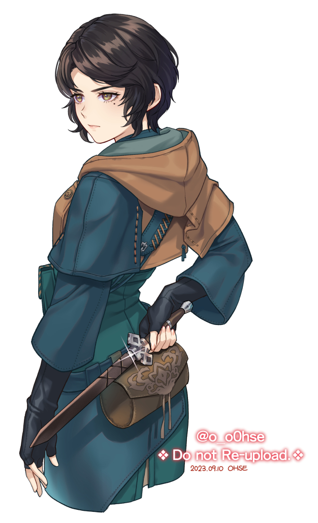 1girl black_gloves black_hair brown_hair cloak combat_knife cropped_legs dagger final_fantasy final_fantasy_xvi fingerless_gloves from_behind gloves holding holding_dagger holding_knife holding_weapon hood hooded_cloak jote_(ff16) knife looking_to_the_side mole mole_under_eye ohse serious sheath short_hair simple_background solo standing tomboy upper_body weapon white_background yellow_eyes