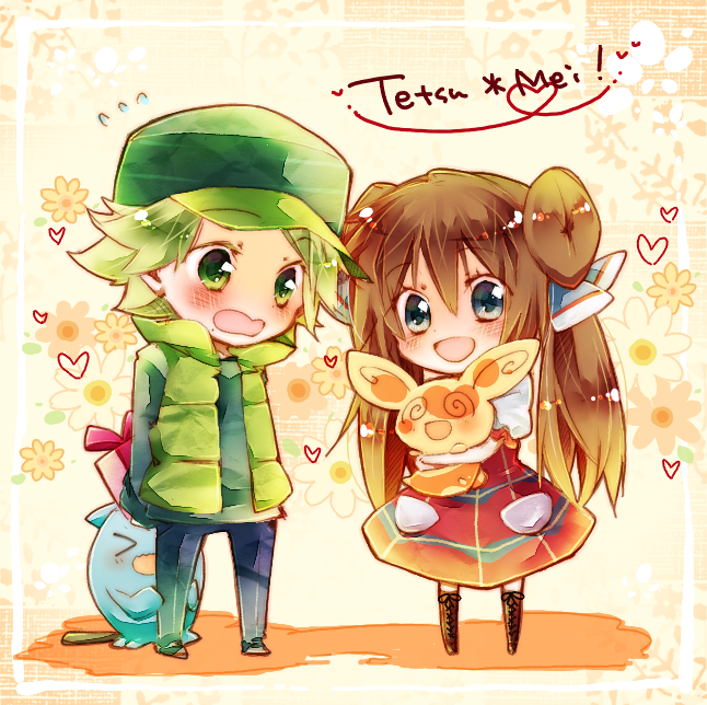 1boy 1girl amamiya_kabosu arms_behind_back baseball_cap blush box brown_hair character_name chibi commentary_request curtis_(pokemon) double_bun dress eyelashes gen_2_pokemon gen_3_pokemon gift gift_box green_eyes green_hair green_headwear hair_between_eyes hair_bun hat heart holding holding_pokemon long_hair nintendo open_mouth pants pokemon pokemon_(creature) pokemon_bw2 pokestar_studios rosa_(pokemon) smile spinda standing wobbuffet
