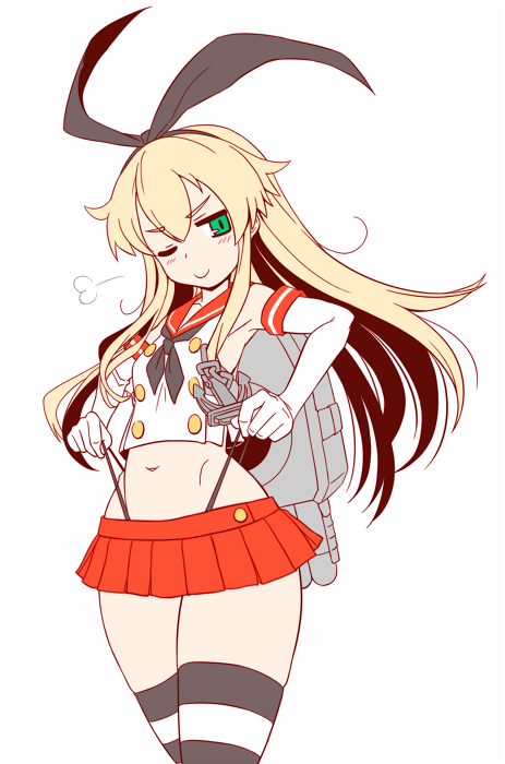 1girl alternate_color anchor_hair_ornament black_neckerchief black_panties blonde_hair elbow_gloves gloves green_eyes hair_between_eyes hair_ornament highleg highleg_panties kantai_collection long_hair microskirt miniskirt neckerchief one_eye_closed panties panty_pull puff_of_air red_sailor_collar red_skirt rigging sailor_collar shimakaze_(kancolle) skirt sleeveless smile solo soubee1 striped_clothes striped_thighhighs thighhighs underwear white_gloves