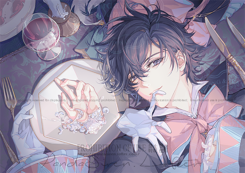 1boy alcohol biting biting_glove black_coat black_eyes black_hair bow bowtie candle candlestand coat collared_coat collared_shirt cup disembodied_hand drinking_glass eyelashes frilled_sleeves frills gloves gundongdejie hair_between_eyes high_collar klein_moretti knife long_sleeves lord_of_the_mysteries lying maggot male_focus napkin on_back on_table pink_bow pink_bowtie plate sample_watermark shirt short_hair signature solo table too_many_watermarks upper_body watermark white_gloves white_shirt wide_sleeves wine wine_glass