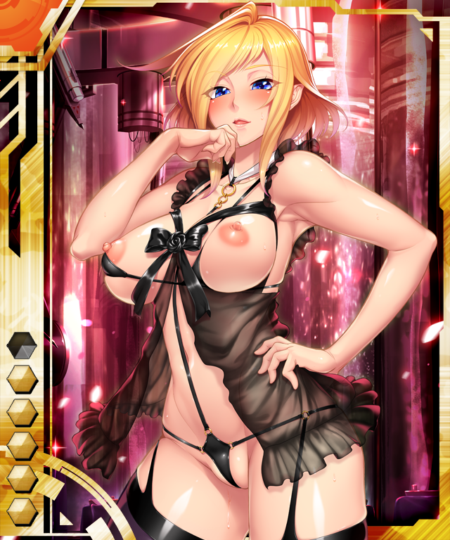 1girl blonde_hair blue_eyes breasts card_(medium) card_(orange-ur) card_(ur) curvy female_focus large_breasts lilith-soft lingerie looking_at_viewer nipples no_bra partially_visible_vulva shinganji_kurenai shiny_skin short_hair smile standing taimanin_(series) taimanin_asagi taimanin_asagi_battle_arena_all_card_gallery taimanin_asagi_kessen_arena taimanin_kurenai thick_thighs thighhighs thighs underwear zol