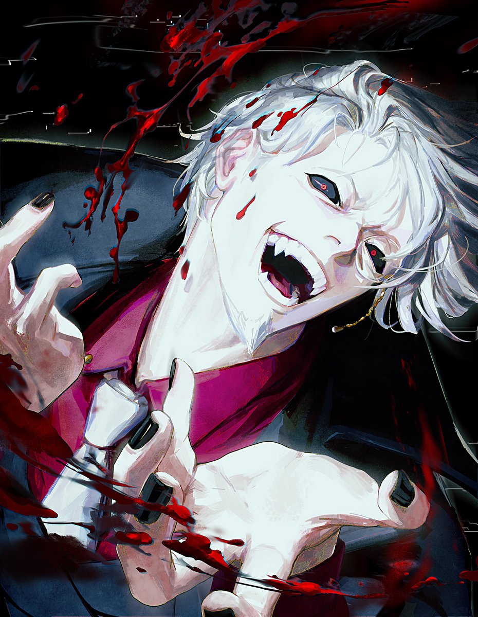 1boy alternate_color black_background black_jacket black_sclera blood collared_shirt colored_sclera commentary dress_shirt dutch_angle dynamic_pose english_commentary facial_hair fangs goatee guilty_gear guilty_gear_strive hands_up highres jacket male_focus nail_polish necktie official_alternate_color open_mouth outstretched_hand red_eyes red_shirt shirt slayer_(guilty_gear) small_pupils solo tongue undershirt upper_body vampire white_hair white_necktie yszlr