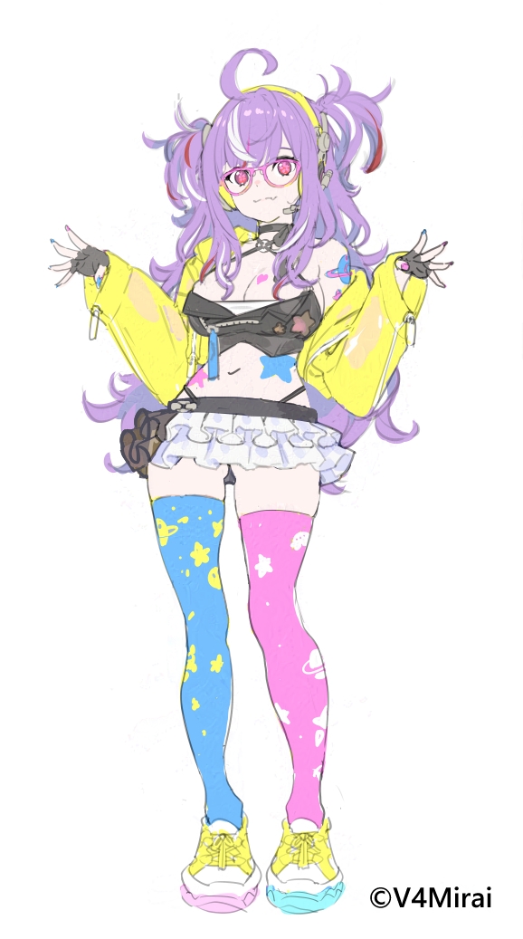 1girl asymmetrical_footwear asymmetrical_legwear black_gloves black_panties blue_nails blue_thighhighs breasts cleavage cropped_jacket enkyo_yuuichirou fingerless_gloves frilled_skirt frills full_body glasses gloves headphones highleg highleg_panties hood hood_down hooded_jacket jacket large_breasts layered_skirt long_hair miniskirt mismatched_footwear mismatched_legwear mono_monet multicolored_hair multicolored_nails nail_polish off_shoulder official_art open_clothes open_jacket panties pink-framed_eyewear pink_nails pink_thighhighs pleated_skirt purple_hair red_hair shoes simple_background skirt solo star_(symbol) star_print streaked_hair thighhighs two_side_up ufo_print underwear v4mirai very_long_hair virtual_youtuber white_background white_hair white_shoes white_skirt yellow_jacket