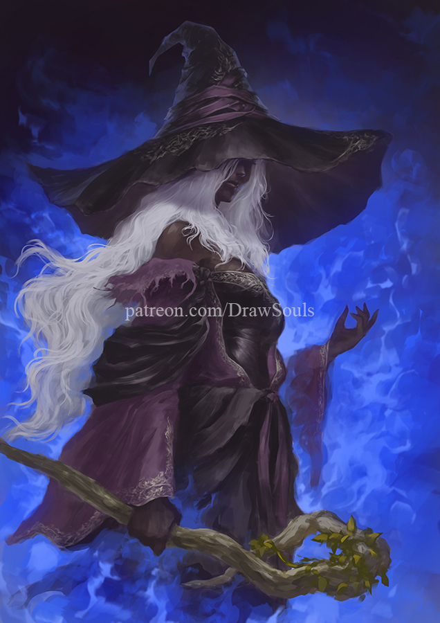 1girl bare_shoulders black_skin closed_mouth colored_skin commentary dark-skinned_female dark_skin draw_souls elden_ring elden_ring_nightreign hat hat_over_one_eye holding holding_staff large_hat long_hair patreon_username purple_sleeves recluse_(elden_ring) solo staff very_dark_skin white_hair wide_sleeves witch witch_hat wooden_staff