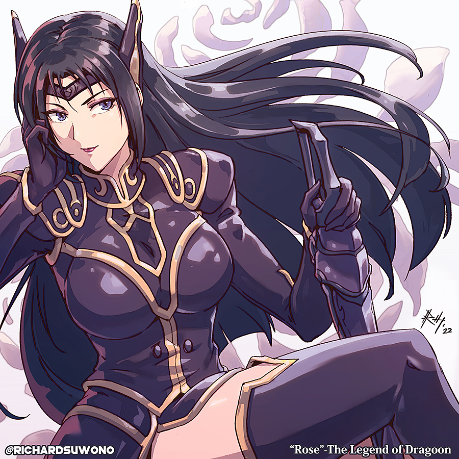 1girl armor artist_name black_armor black_gloves black_hair blue_eyes breasts character_name closed_mouth copyright_name facing_viewer floating_hair gloves hand_on_own_cheek hand_on_own_face hand_on_sword hand_on_weapon hand_up happy headband headgear large_breasts long_hair looking_to_the_side richard_suwono rose_(dragoon) shoulder_armor sitting smile solo sword the_legend_of_dragoon thighhighs weapon
