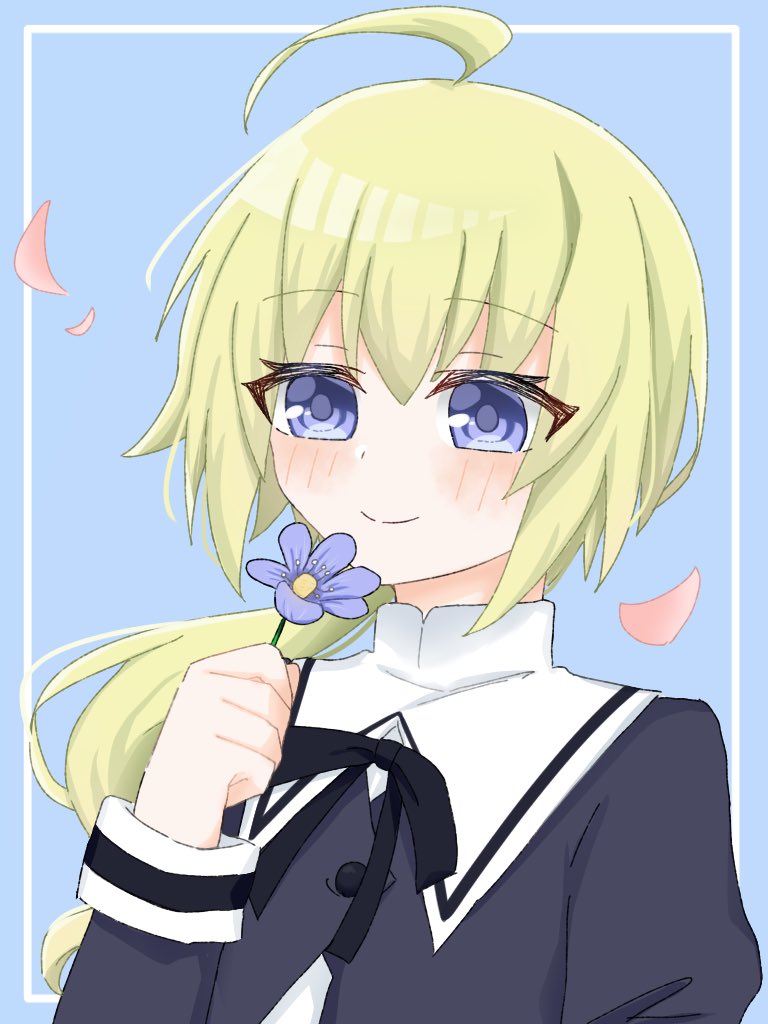 1girl ahoge amano_soraha arm_at_side assault_lily black_ribbon blonde_hair blue_background blue_eyes blue_flower blush border buttons closed_mouth commentary cropped_jacket falling_petals flower hand_up holding holding_flower inset_border juliet_sleeves long_hair long_sleeves looking_at_flowers low_ponytail neck_ribbon outside_border petals ponytail portrait puffy_sleeves ribbon sana_(hs_yp1) school_uniform simple_background smile solo white_border yurigaoka_girls_academy_school_uniform