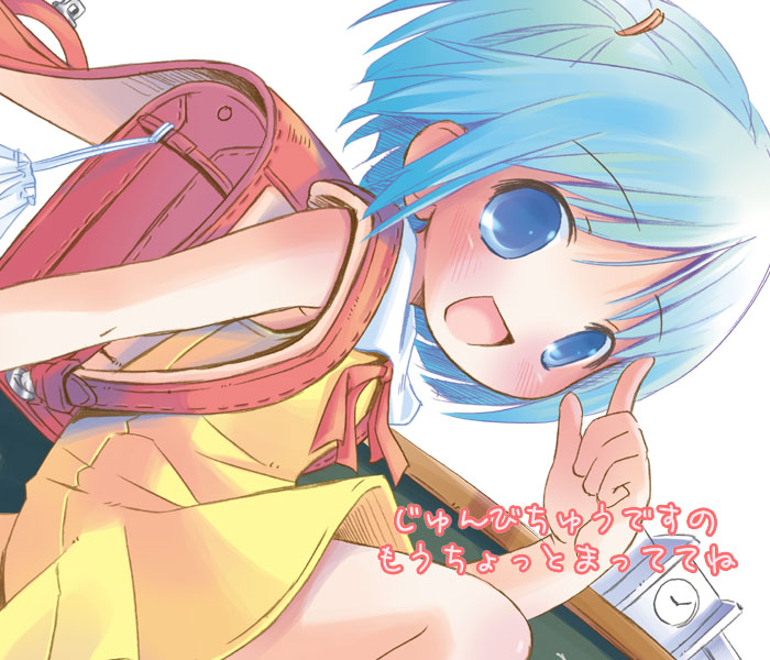 backpack bag blue_eyes blue_hair dress pop randoseru short_hair solo