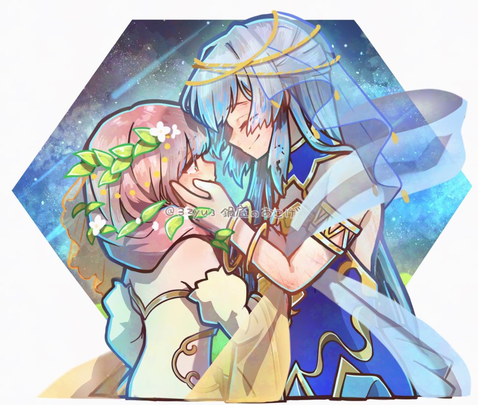 2girls armlet blue_collar blue_dress bracelet closed_mouth collar commentary cuts detached_collar detached_sleeves dress face-to-face flower gold_bracelet green_eyes grey_hair hair_flower hair_ornament hair_over_shoulder hand_on_another&#039;s_cheek hand_on_another&#039;s_face honeycomb_(pattern) honeycomb_background injury jewelry juliet_sleeves leaf_hair_ornament long_hair long_sleeves looking_at_another multiple_girls nabezoko_no_okoge official_alternate_costume pink_hair puffy_sleeves see-through_clothes see-through_veil shooting_star shoujo_kageki_revue_starlight shoujo_kageki_revue_starlight_-re_live- sidelocks sleeveless sleeveless_dress smile symbol-only_commentary three_quarter_view tsuruhime_yachiyo twitter_username two-tone_dress veil very_long_hair white_background white_dress yellow_veil yukishiro_akira