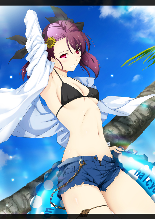 1girl bad_id bad_pixiv_id bikini denim denim_shorts female_focus halcyon long_hair md5_mismatch open_fly original palm_tree purple_hair red_eyes shorts smile solo swimsuit tree twintails unzipped