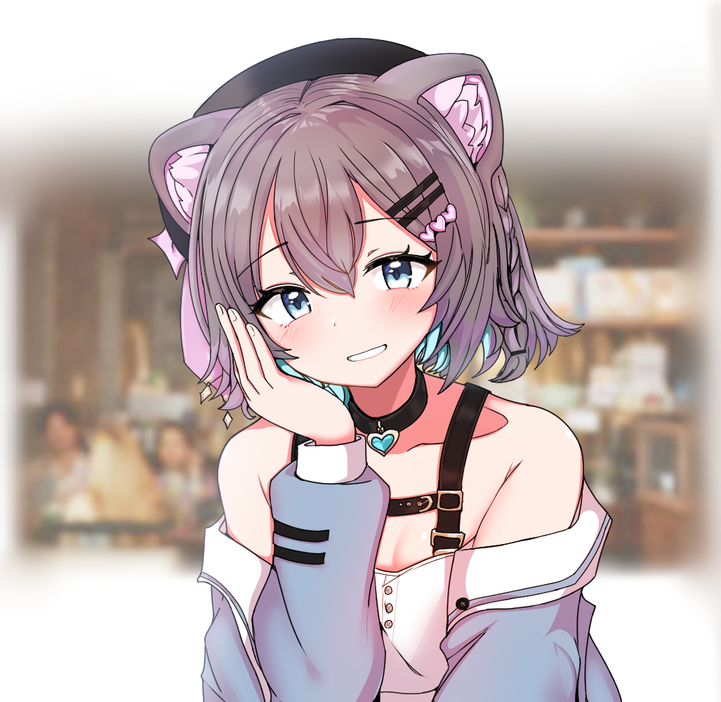 1girl animal_ear_fluff animal_ears aqua_hair bare_shoulders beret black_choker blue_eyes blue_hair blue_jacket blurry blurry_background blush braid breasts brown_hair buckle cat_ears choker cleavage collarbone colored_inner_hair grin hair_between_eyes hair_ornament hairclip hand_on_own_cheek hand_on_own_face hat heart heart_choker heart_hair_ornament jacket long_sleeves looking_at_viewer mariel_(vrchat) maruking medium_hair multicolored_hair off_shoulder open_clothes open_jacket ribbon shirt short_hair side_braid smile solo two-tone_hair upper_body vrchat white_shirt