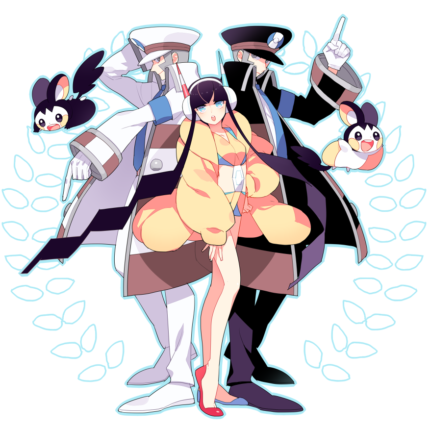 10s 1girl 2boys asymmetrical_footwear bare_legs black_hair blue_eyes brothers coat elesa_(pokemon) emmet_(pokemon) emolga fur_coat gen_5_pokemon gloves grey_eyes gum_(gmng) gym_leader hat headphones high_heels ingo_(pokemon) long_hair looking_at_viewer mismatched_footwear multiple_boys necktie nintendo no_socks peaked_cap pointing pointing_down pointing_up pokemon pokemon_(creature) pokemon_bw2 short_hair siblings silver_hair twintails uniform very_long_hair white_gloves