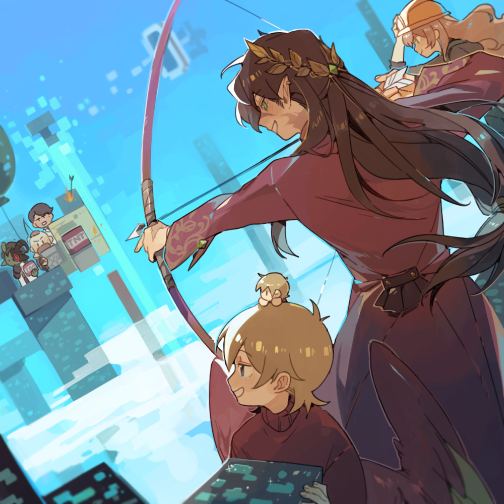 1girl 6+boys animification bird_boy bird_wings block_(minecraft) bow_(weapon) brown_hair character_request chibi coat colored_skin cubfan135 docm77 dual_persona explosive goodtimeswithscar goodtimeswithscar_(elvish) green_skin grian_(youtuber) hard_hat helmet hermitcraft holding holding_block holding_bow_(weapon) holding_weapon horns long_hair luminous_slime male_focus minecraft minecraft_youtube mini_person miniboy multiple_boys official_alternate_color official_alternate_costume official_alternate_hair_length official_alternate_hairstyle on_head outdoors parrot_boy pearlescentmoon pearlescentmoon_(cleaning_lady) person_on_head red_coat red_sweater short_hair sky smile sweater tnt tnt_block_(minecraft) turtleneck turtleneck_sweater weapon wings