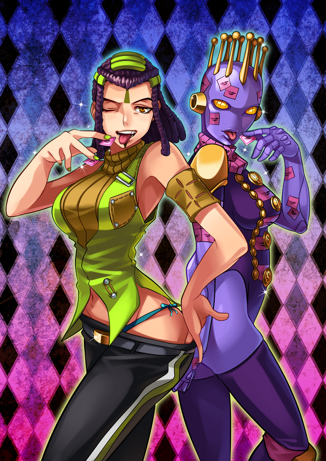 2girls alternate_breast_size black_hair brown_eyes ermes_costello dreadlocks highres jojo_no_kimyou_na_bouken kiss_(stand) multiple_girls nail_polish one_eye_closed ryuusei_(mark_ii) stand_(jojo) sticker stone_ocean