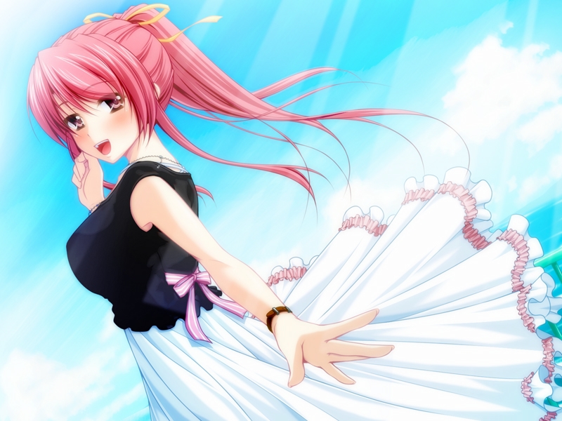 13cc 1girl blush bow bracelet cloud day female_focus jewelry long_hair love_bind ocean open_mouth pink_hair ponytail purple_eyes ribbon shizuku_onohara sky solo water