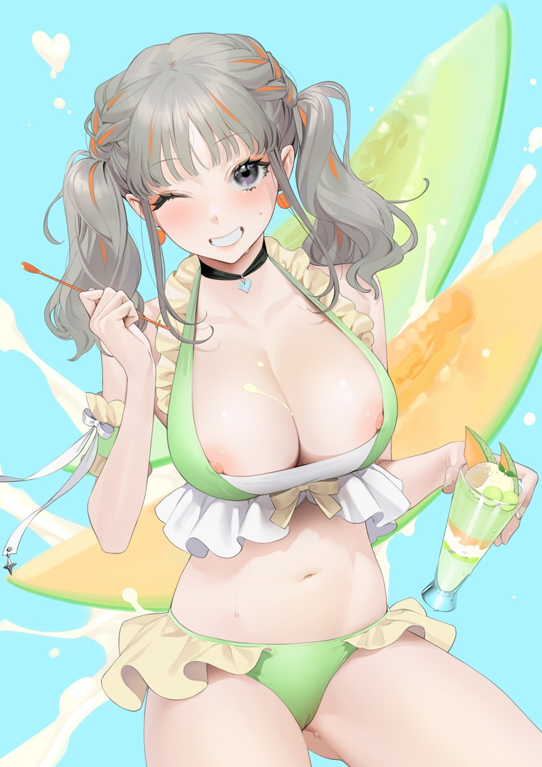 1girl arm_garter bikini blush breasts cantaloupe choker comic_grape food frilled_bikini frills fruit fruit_background green_bikini grey_eyes grin heart heart_choker highres ice_cream large_breasts long_hair looking_at_viewer melon multicolored_hair navel nipple_slip nipples ohisashiburi one_eye_closed original silver_hair smile solo spoon sundae swimsuit twintails two-tone_hair