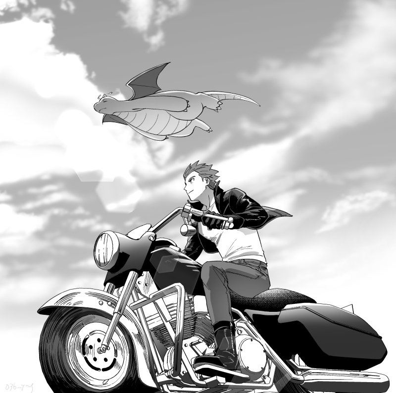 1boy alternate_costume boots closed_mouth cloud commentary_request dragonite from_below gen_1_pokemon greyscale jacket lance_(pokemon) male_focus monochrome motor_vehicle motorcycle nintendo open_clothes open_jacket outdoors pants pokemon pokemon_(creature) pokemon_hgss shirt short_hair sitting sky spiked_hair y_(036_yng) zipper zipper_pull_tab