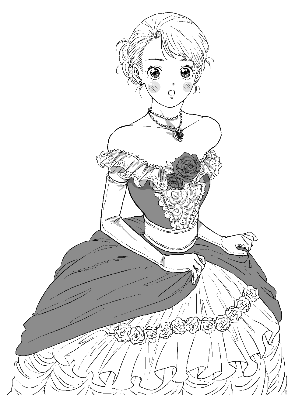 1girl alternate_hairstyle bead_necklace beads dress elbow_gloves erina_pendleton flower frilled_dress frills gem gloves greyscale highres jewelry jojo_no_kimyou_na_bouken long_dress monochrome mugicha_(zoro1132) necklace off-shoulder_dress off_shoulder phantom_blood rose skirt_hold solo
