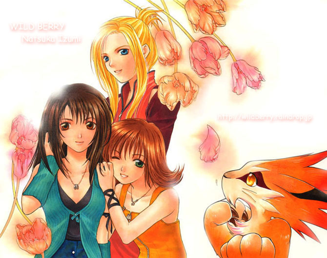 1990s_(style) 3girls blonde_hair blue_eyes brown_eyes brown_hair final_fantasy final_fantasy_viii flipped_hair flower green_eyes jewelry moomba multiple_girls natsuka_izumi necklace one_eye_closed orange_hair quistis_trepe rinoa_heartilly selphie_tilmitt smile wink yellow_eyes