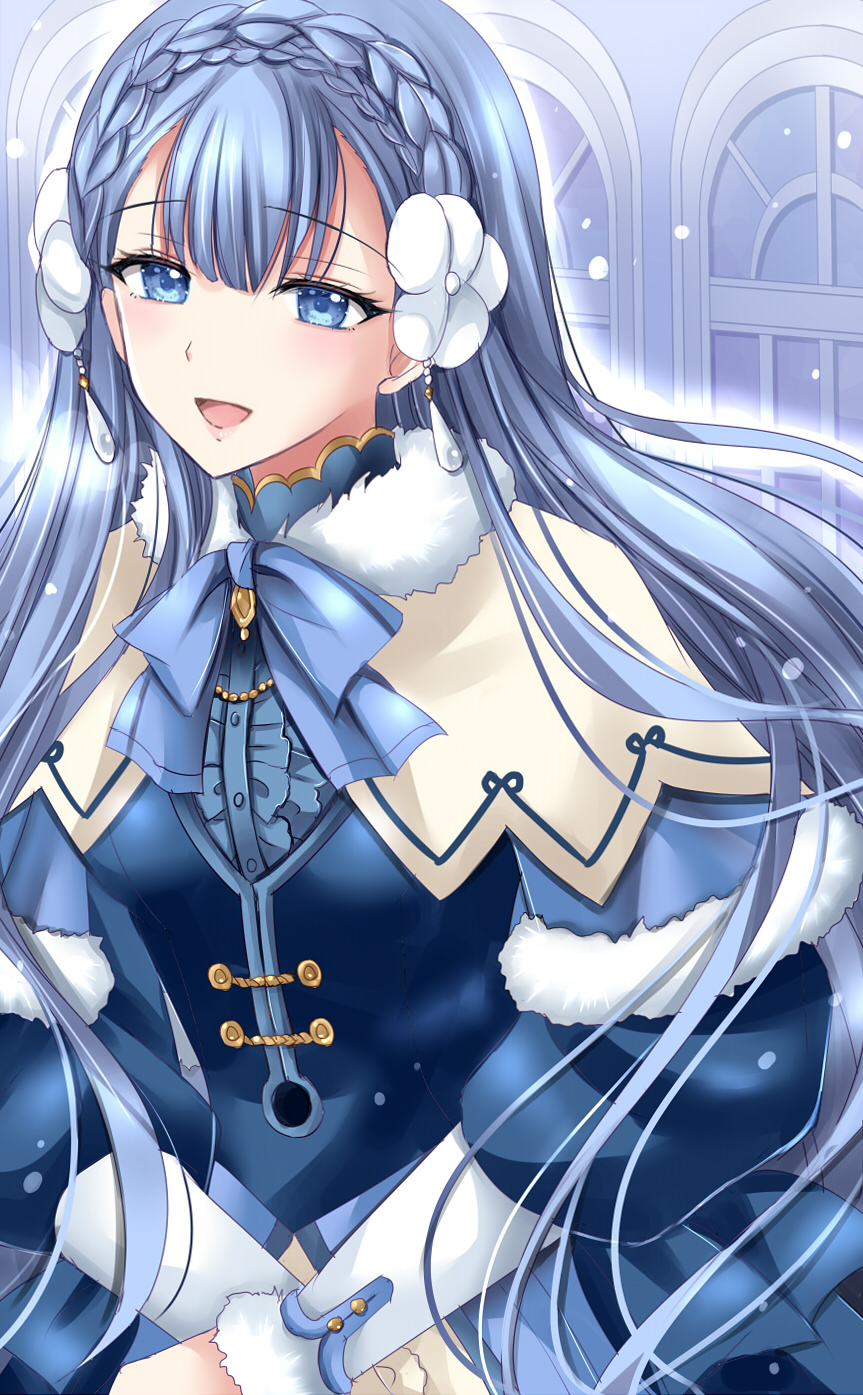 1girl :d blue_dress blue_eyes blue_hair blue_shirt braid capelet center_frills crown_braid dress fire_emblem fire_emblem_echoes:_shadows_of_valentia fire_emblem_heroes frills highres kirishima_riona long_hair long_sleeves looking_at_viewer nintendo open_mouth puffy_long_sleeves puffy_sleeves rinea_(fire_emblem) rinea_(soiree)_(fire_emblem) shirt smile solo very_long_hair white_capelet window
