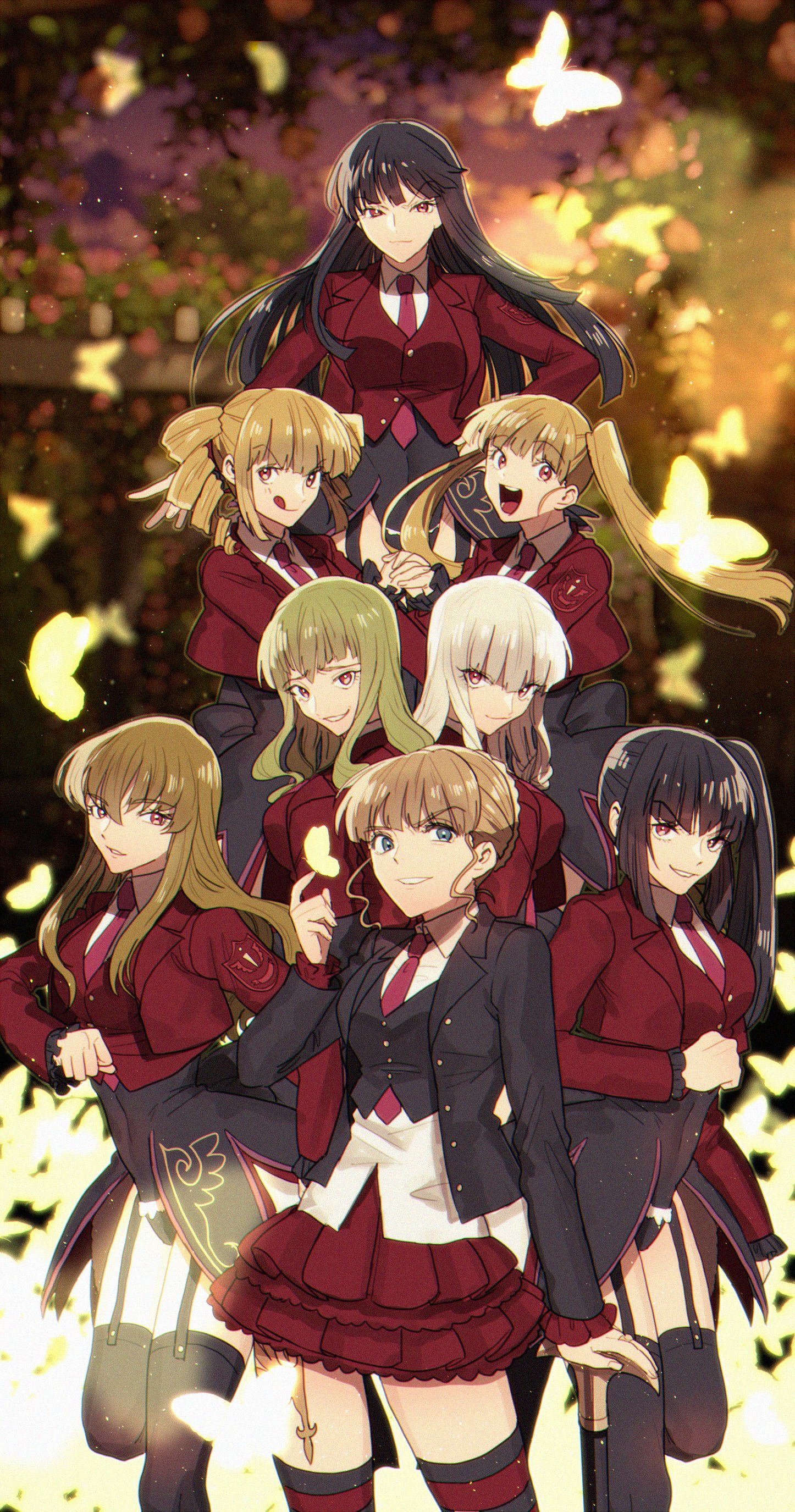 6+girls absurdres alternate_costume asmodeus_(umineko) beatrice_(umineko) beelzebub_(umineko) belphegor_(umineko) blazer blonde_hair blue_eyes braid braided_bun bug butterfly cane collared_shirt frilled_skirt frills garter_straps hair_bun highres insect jacket leotard leotard_under_clothes leviathan_(umineko) lucifer_(umineko) mammon_(umineko) momoka_(abc_momoka0718) multiple_girls necktie pink_necktie red_eyes red_skirt satan_(umineko) shirt showgirl_skirt sisters_of_purgatory skirt stakes_of_purgatory striped_clothes striped_legwear striped_thighhighs thighhighs umineko_no_naku_koro_ni vest waistcoat