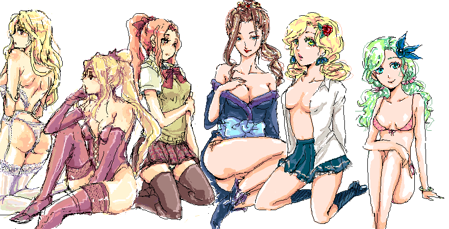 1990s_(style) 6+girls barbariccia bikini blonde_hair blouse breasts brown_hair cleavage corset elbow_gloves female_focus final_fantasy final_fantasy_iv gloves green_hair izayoi japanese_clothes kimono lingerie long_hair looking_back miniskirt multiple_girls open_clothes open_shirt ponytail porom retro_artstyle rosa_farrell rydia_(ff4) school_uniform shirt skirt swimsuit thighhighs underwear ursula_leiden