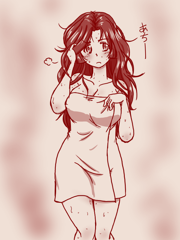 1girl after_bathing alternate_hairstyle blush girls_und_panzer hair_down hand_on_own_chest hand_on_own_head long_hair monochrome naked_towel takahashi_kurage towel translation_request wet wet_hair yuri_(girls_und_panzer)