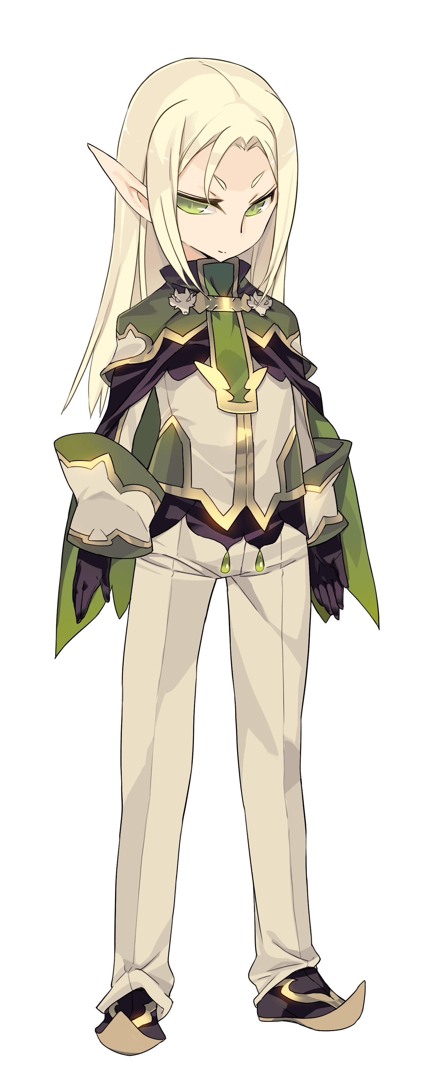 1boy absurdres bishounen blade_(galaxist) blonde_hair cape elf erik_burton full_body green_eyes highres long_hair male_focus official_art pointy_ears pop-up_story smile solo transparent_background