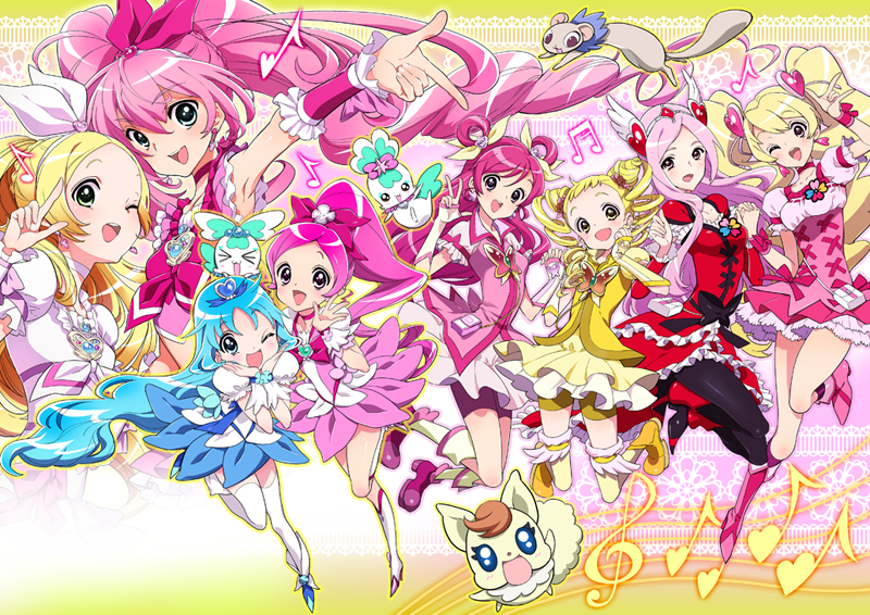 00s 10s 6+girls blue_skirt boots bow brooch choker chypre_(heartcatch_precure!) coco_(precure_5) coco_(yes!_precure_5) coffret_(heartcatch_precure!) cone_hair_bun creature cure_blossom cure_dream cure_lemonade cure_marine cure_melody cure_passion cure_peach cure_rhythm ferret fresh_precure! full_body hair_bun hair_ornament hanasaki_tsubomi heart heart_brooch heart_hair_ornament heartcatch_precure! higashi_setsuna high_ponytail houjou_hibiki jewelry kasugano_urara_(yes!_precure_5) knee_boots kurumi_erika magical_girl minamino_kanade momozono_love multiple_girls pink_boots pink_bow pink_shorts ponytail precure shorts skirt suite_precure tart_(fresh_precure!) white_choker yes!_precure_5 yumehara_nozomi zooya