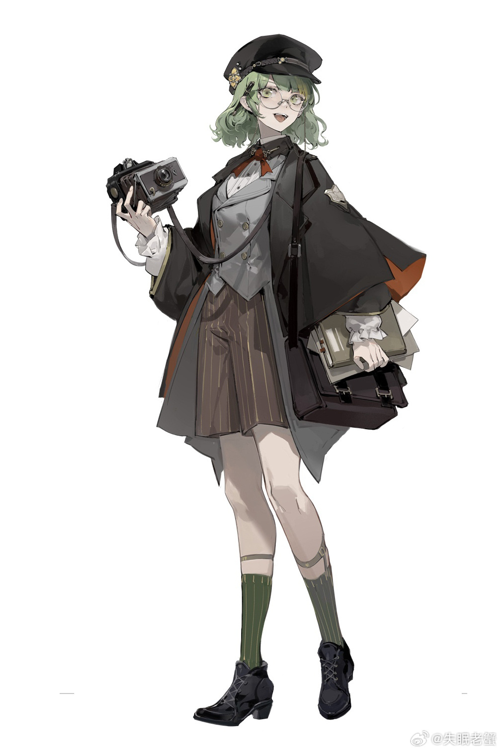 1girl :d bag bellows_camera black_coat black_hat black_shoes book brown_bag brown_shorts buttons camera camera_around_neck chinese_commentary coat collared_shirt contrast_collar cross-laced_shoes double-breasted eyewear_strap frilled_sleeves frills full_body glasses green_hair green_socks grey_vest hand_up hannah_(morimens) hat hat_ornament highres holding holding_book holding_camera holding_paper krab_(fumekrab) legwear_garter long_sleeves looking_at_viewer looking_to_the_side medium_hair morimens neck_ribbon newsboy_cap official_art open_clothes open_coat open_mouth paper pen pen_behind_ear pinstripe_pattern pinstripe_shorts pinstripe_socks red_ribbon ribbon round_eyewear satchel shirt shoes shorts shoulder_bag simple_background smile socks solo standing striped_clothes striped_shorts striped_socks teeth upper_teeth_only vest watermark wavy_hair weibo_watermark white_background white_shirt wide_sleeves