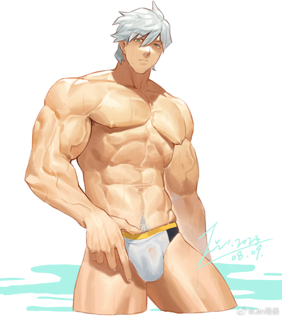 1boy abs bara black_male_swimwear blue_eyes bulge cropped_legs fate/grand_order fate_(series) hair_between_eyes jin_(sirius-j) large_pectorals looking_at_viewer male_focus male_swimwear multicolored_male_swimwear muscular muscular_male navel navel_hair pectorals percival_(fate) see-through_clothes short_hair solo stomach strongman_waist thick_thighs thighs topless_male veins veiny_arms wet_male_swimwear white_hair white_male_swimwear