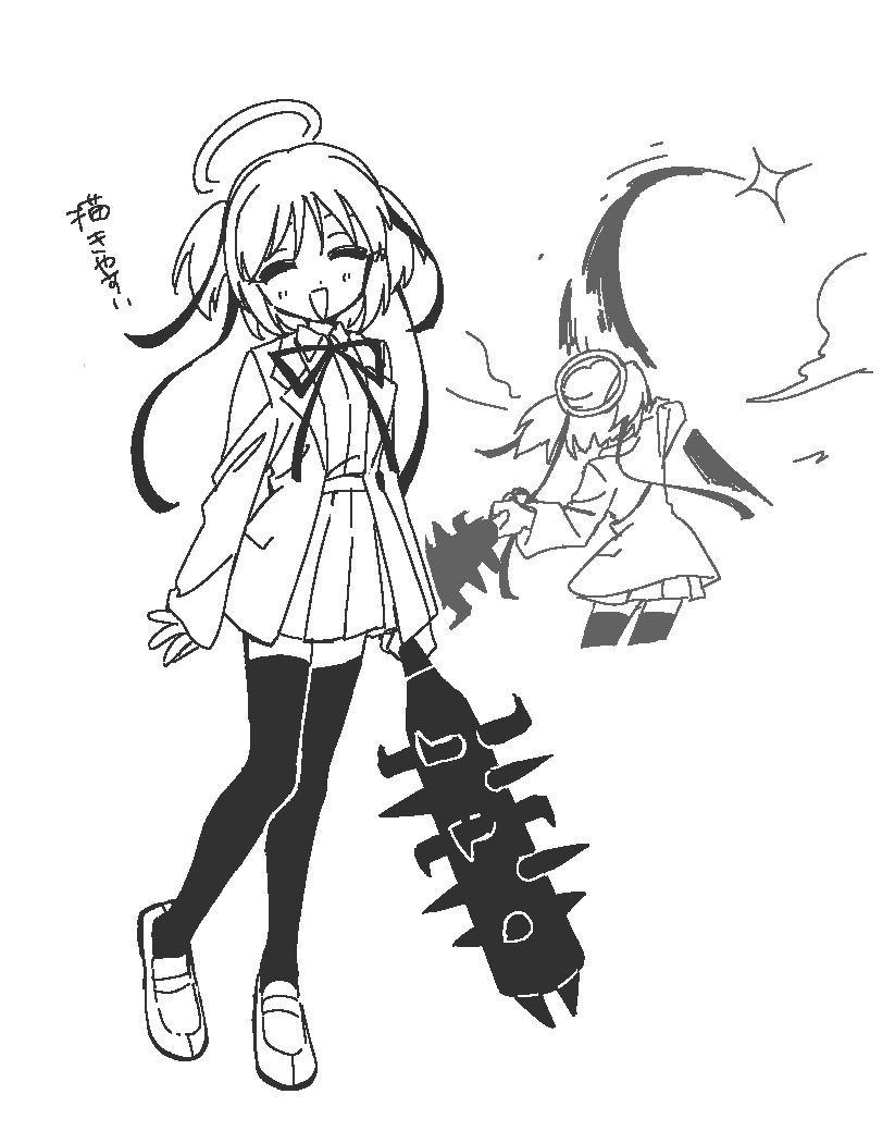 1girl angel black_thighhighs blazer bokusatsu_tenshi_dokuro-chan club_(weapon) commentary_request dot_nose excalibolg facing_viewer greyscale halo holding holding_club holding_weapon jacket jaggy_lines kirokuyyyy loafers long_sleeves miniskirt mitsukai_dokuro monochrome multiple_views neck_ribbon open_clothes open_jacket pleated_skirt ribbon school_uniform shoes short_hair skirt sleeves_past_wrists smile sparkle thighhighs translation_request twinkle_in_the_sky two_side_up weapon zettai_ryouiki