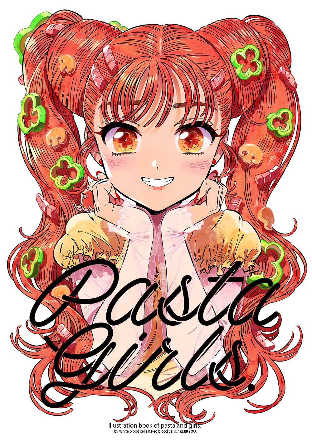 1girl blush earrings english_text food food-themed_hair_ornament food_art grin hair_ornament head_rest highres jewelry long_hair looking_at_viewer nail_polish orange_eyes orange_hair original puffy_short_sleeves puffy_sleeves red_nails see-through_clothes see-through_sleeves short_sleeves smile solo straight-on sunshine_creation symbol_in_eye tako-san_wiener twintails wavy_hair zekkyou_(h9s9)