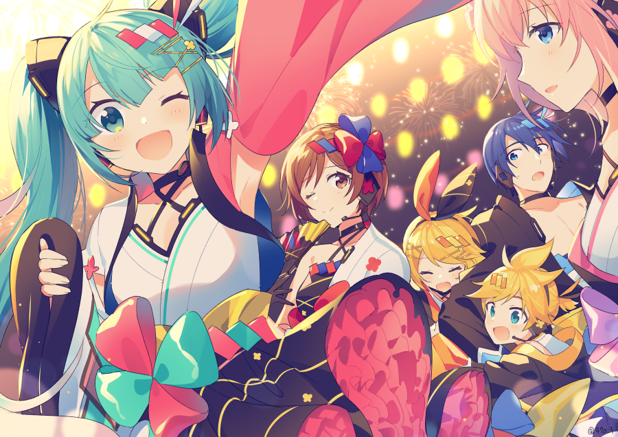 2boys 4girls aqua_eyes aqua_hair asymmetrical_sleeves bare_shoulders blue_hair brown_hair choker closed_eyes commentary criss-cross_halter fireworks frilled_skirt frills hair_ornament halterneck hatsune_miku headphones headset japanese_clothes kagamine_len kagamine_rin kaito_(vocaloid) kimono lantern long_hair looking_at_another looking_at_viewer magical_mirai_(vocaloid) magical_mirai_kaito magical_mirai_kaito_(2020_summer) magical_mirai_len magical_mirai_len_(2020_summer) magical_mirai_luka magical_mirai_luka_(2020_summer) magical_mirai_meiko magical_mirai_meiko_(2020_summer) magical_mirai_miku magical_mirai_miku_(2020_summer) magical_mirai_rin magical_mirai_rin_(2020_summer) megurine_luka meiko_(vocaloid) mismatched_sleeves multiple_boys multiple_girls one_eye_closed open_mouth outstretched_arm pink_hair pink_sleeves short_hair sinaooo skirt smile twintails very_long_hair vocaloid waving white_kimono white_sleeves yukata
