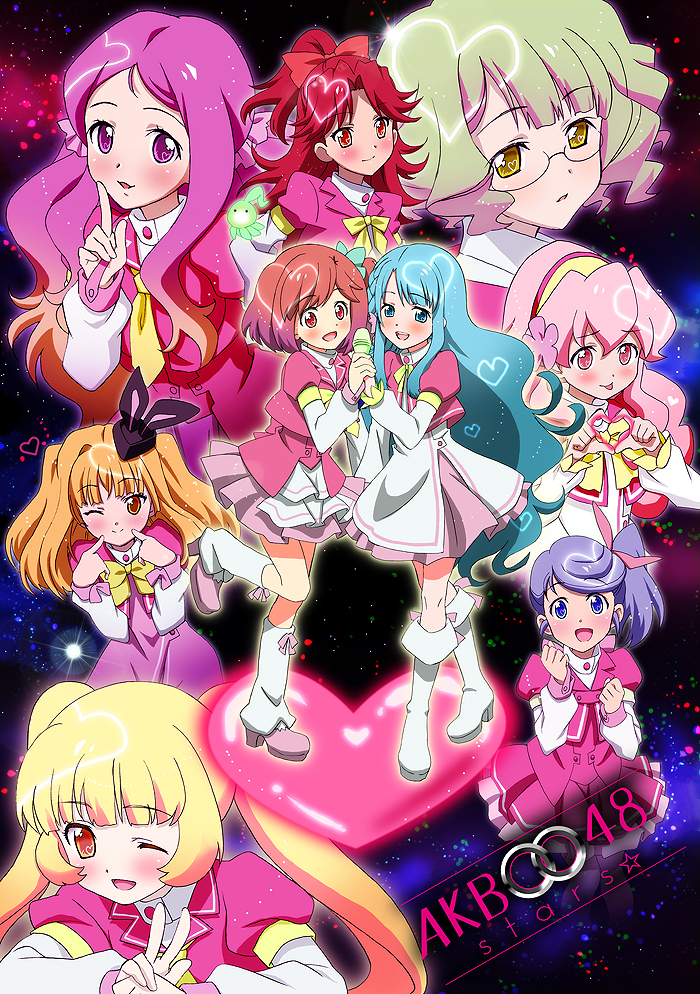 10s 6+girls :p aida_orine akb0048 animal_ears aqua_hair bad_id bad_pixiv_id blonde_hair blush brown_hair flower glasses green_hair hat headband heart ichijou_yuuka kanzaki_suzuko kirara_(akb0048) kishida_mimori long_hair microphone motomiya_nagisa multiple_girls one_eye_closed ponytail purple_hair rabbit_ears red_hair ribbon shinonome_kanata shinonome_sonata short_hair smile sono_chieri sugise_satoshi tongue tongue_out twintails v wink yokomizo_makoto zi_tu