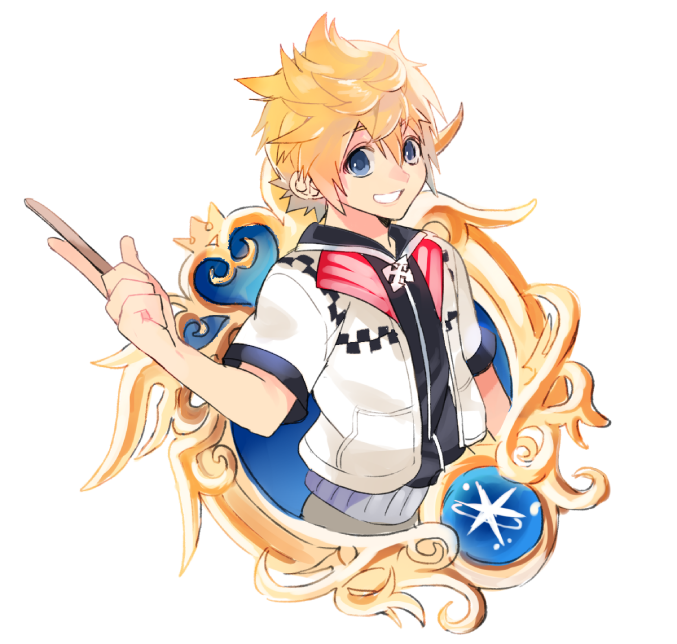 black_vest blonde_hair blue_eyes commentary_request grin hand_up happy heart holding holding_stick jacket kingdom_hearts kingdom_hearts_x looking_at_viewer open_clothes open_jacket popsicle_stick roxas short_hair short_sleeves simple_background smile spiked_hair stick umidesuyo vest white_background white_jacket