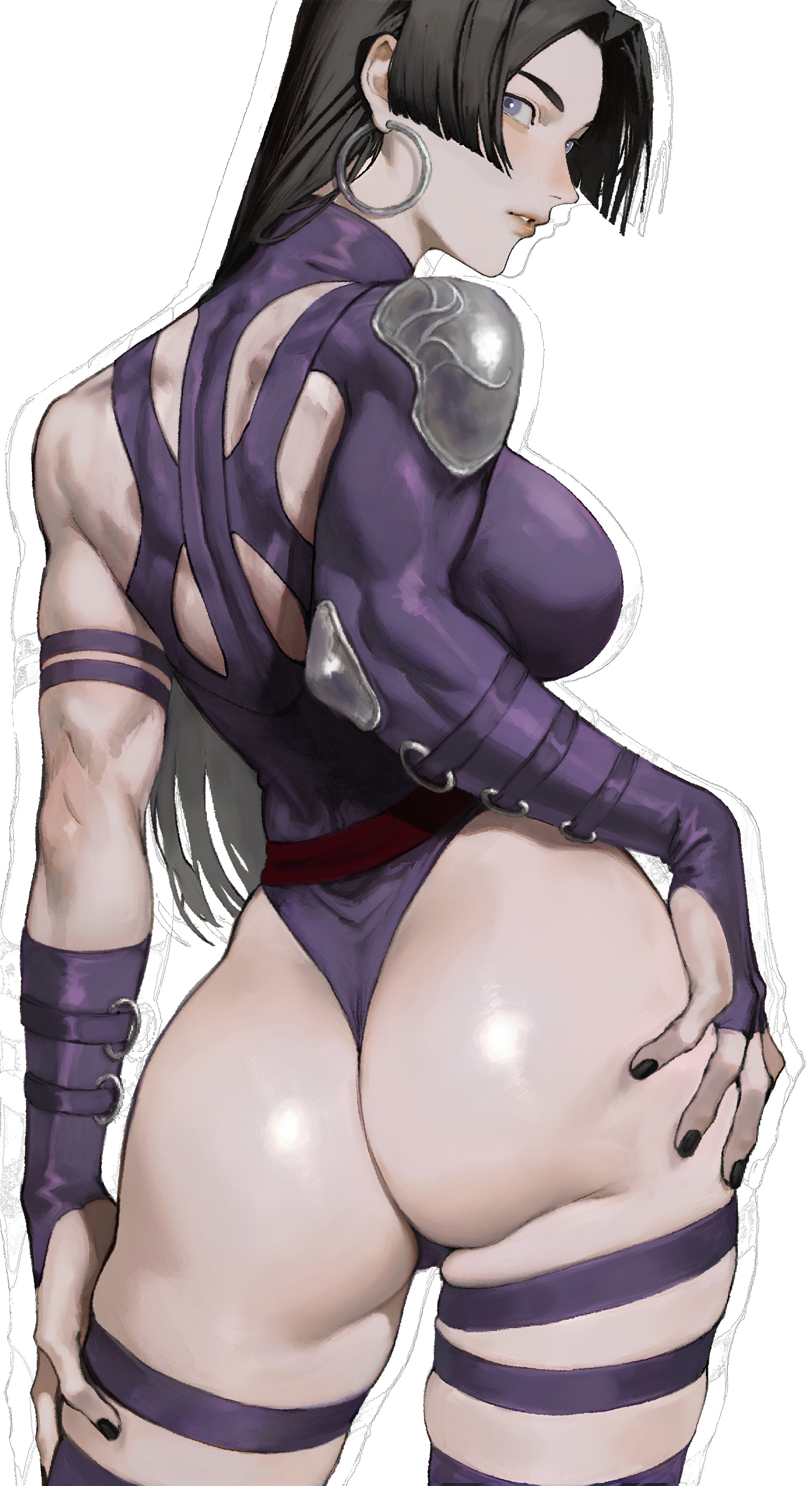 1girl absurdres armor ass back back_muscles black_hair breasts curvy earrings from_behind hand_on_own_ass hand_on_own_hip hand_on_own_thigh highleg highleg_leotard highres hoop_earrings jewelry lapefamm large_breasts leotard long_hair looking_at_viewer marvel marvel_rivals psylocke shiny_skin shoulder_armor solo superhero_costume thong_leotard wide_hips x-men