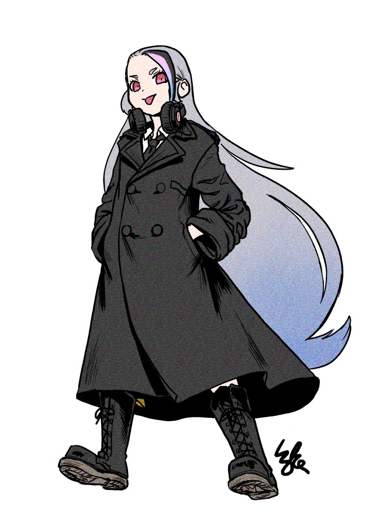 1girl :p alternate_costume black_boots black_coat black_hair black_necktie blue_hair boots coat collared_shirt empty_eyes forehead full_body giant_penguin_(kemono_friends) gradient_hair grey_hair hands_in_pockets headphones headphones_around_neck kemono_friends kemono_friends_3 kishida_shiki lace-up_boots legs_apart long_hair long_sleeves multicolored_hair necktie pink_hair pocket red_eyes shirt short_eyebrows sidelocks simple_background smile solo standing tongue tongue_out trench_coat very_long_hair white_shirt wing_collar