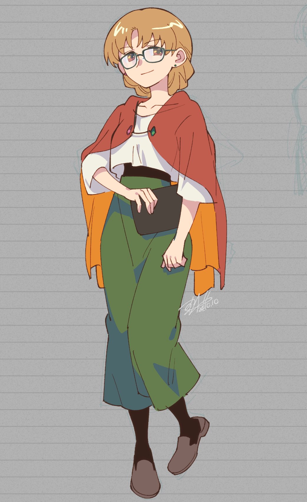 1girl alternate_costume alternate_hairstyle bespectacled black_socks brown_slippers cape casual closed_mouth commentary_request full_body glasses green_skirt highres holding light_smile long_skirt looking_at_viewer matara_okina medium_hair no_headwear orange_cape orange_eyes orange_hair plug_(piercing) shikido_(khf) shirt skirt slippers socks solo touhou white_shirt