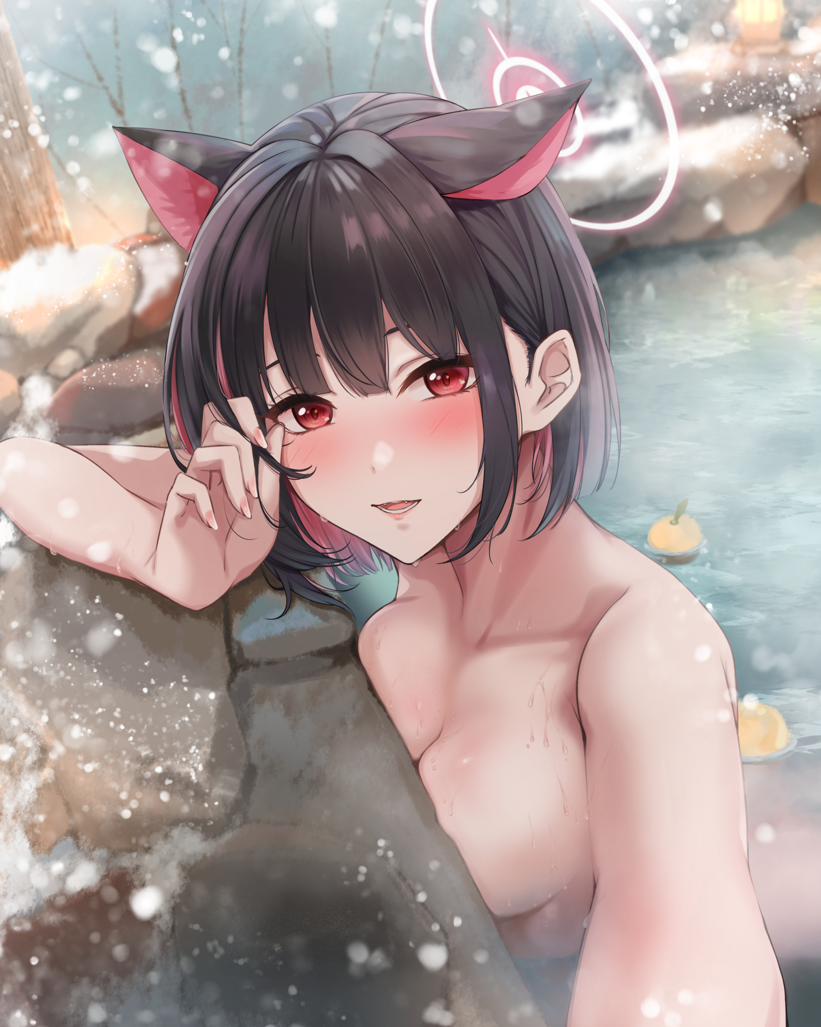 1girl animal_ears bare_tree black_hair blue_archive blush bob_cut breast_rest breasts cat_ears cleavage collarbone commentary_request completely_nude fangs fingernails food fruit hair_behind_ear halo highres kazusa_(blue_archive) lamp large_breasts looking_at_viewer medium_hair multicolored_hair nail_polish nude onsen open_mouth pink_eyes pink_hair pink_halo pink_lips pink_nails reaching reaching_towards_viewer rock smile snowing solo teeth tree two-tone_hair yuzuyu_(hyui)