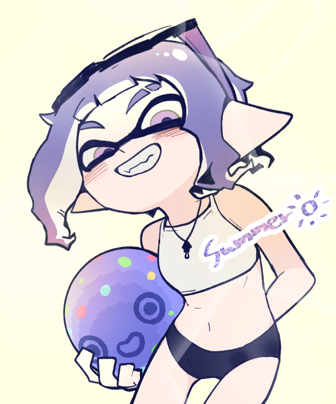 bra eyebrow_cut eyewear_on_head highres inkling inkling_girl inkling_player_character jewelry looking_at_viewer necklace nintendo purple_eyes purple_hair short_shorts shorts splatoon_(series) splatoon_3 sports_bra super_chump_(splatoon) underwear yunxd