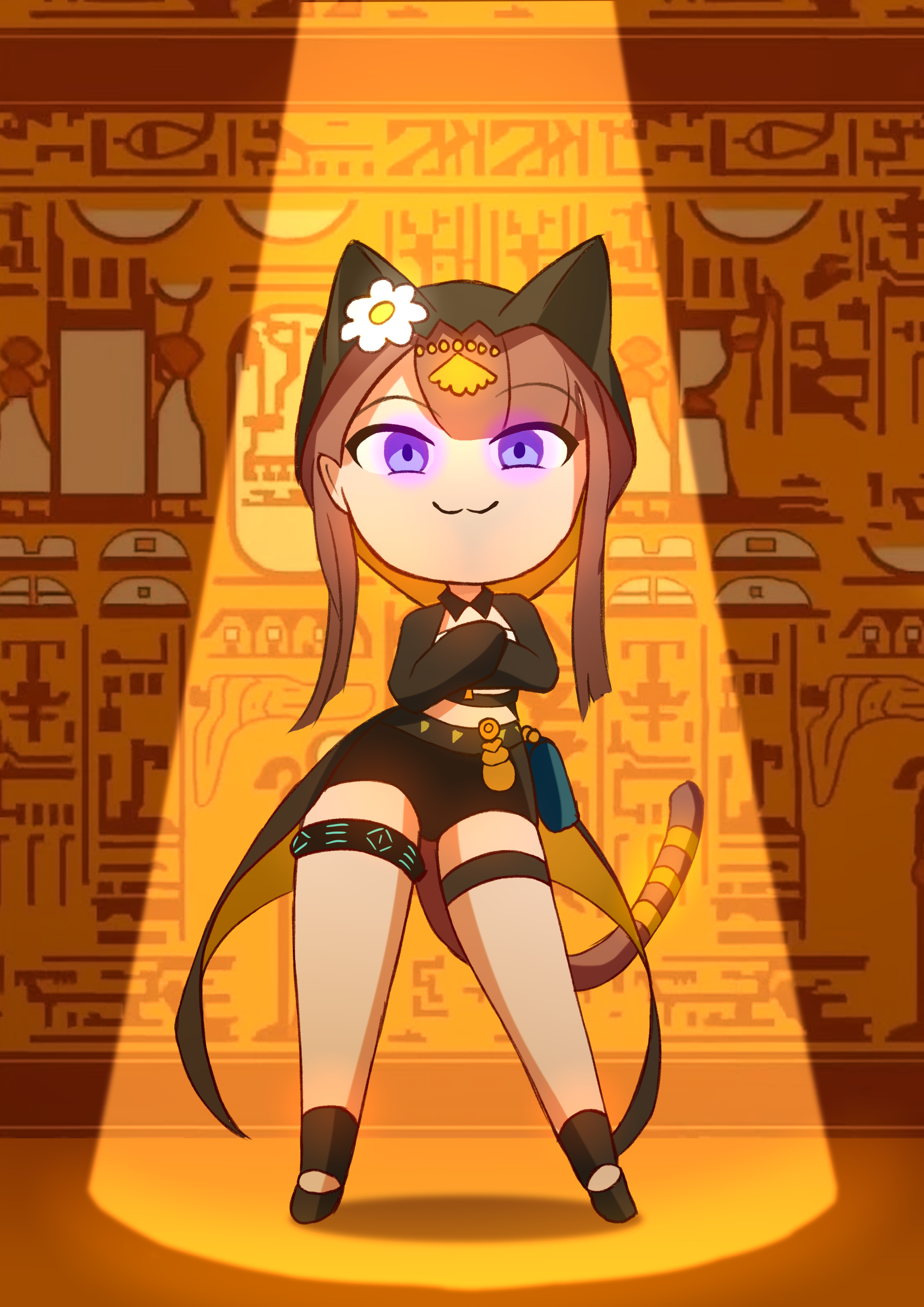1girl :3 absurdres ancient_egyptian animal_ear_hood animal_ears animal_hood ankha_zone_(meme) arknights belt belt_pouch black_belt black_jacket black_shoes black_shorts brown_hair cat_ears cat_girl cat_hood cat_tail closed_mouth commentary crop_top crossed_arms dancing ears_under_headwear english_commentary fake_animal_ears full_body glowing glowing_eyes head_chain hieroglyphics highres hood hood_up hooded_jacket jacket jewelry meme midriff ofallx pepe_(arknights) pouch purple_eyes shirt shoes short_shorts shorts sidelocks smile smug solo spotlight standing tail tail_ornament tail_ring thigh_strap two-sided_fabric two-sided_jacket white_shirt yellow_jacket